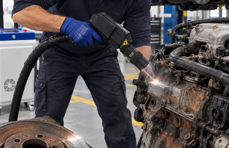 Texto alternativo (Alt Text): Limpieza láser de motor y componentes mecánicos en taller industrial de Girona - Laserklin