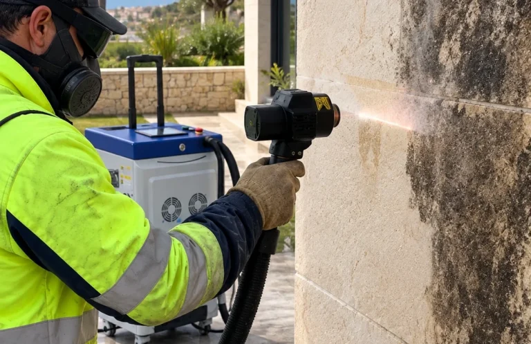 Limpieza láser de moho, verdín y contaminación en pared de piedra natural en Lleida - Laserklin