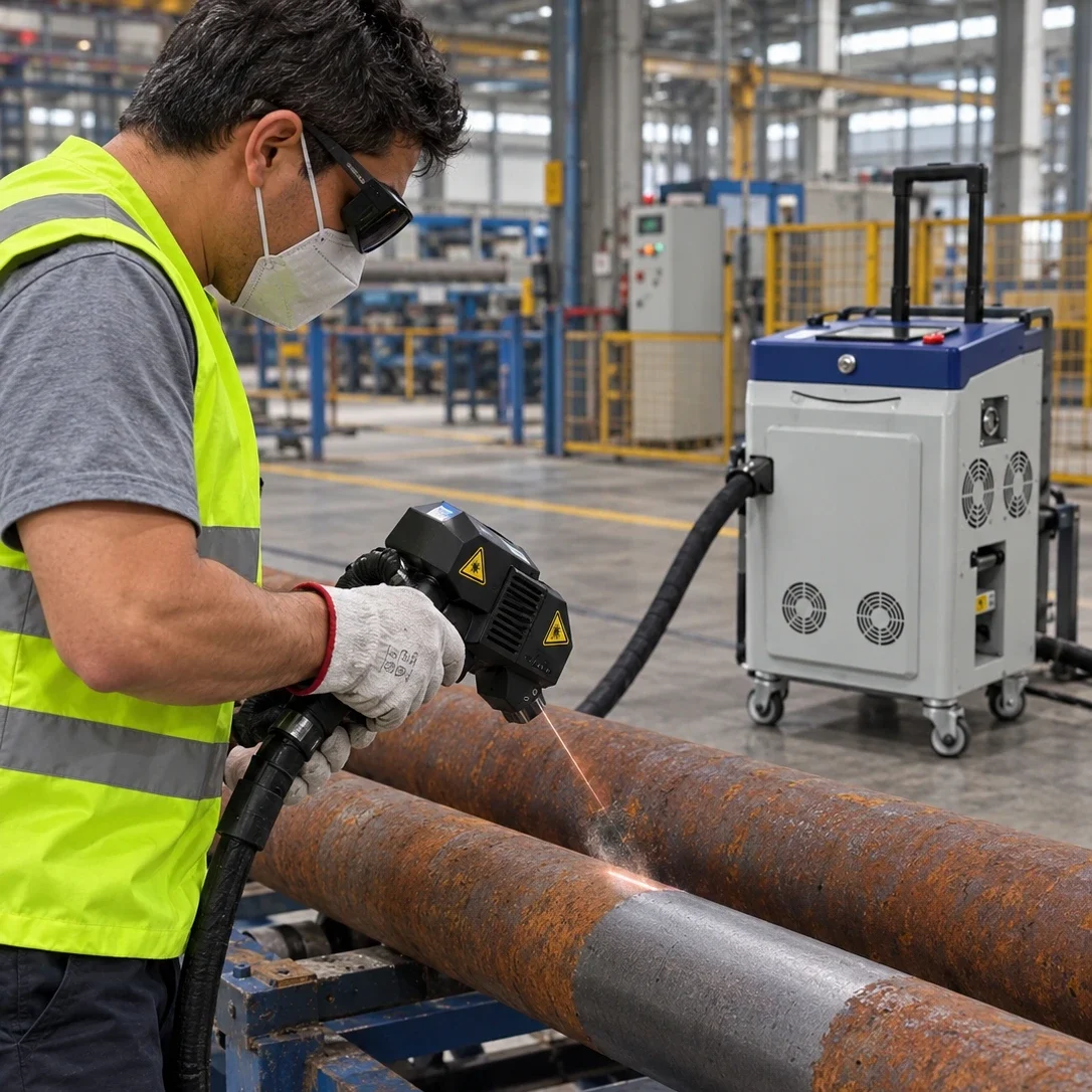 Técnico realizando servicio de limpieza láser industrial para desoxidar metal en Barcelona - Laserklin