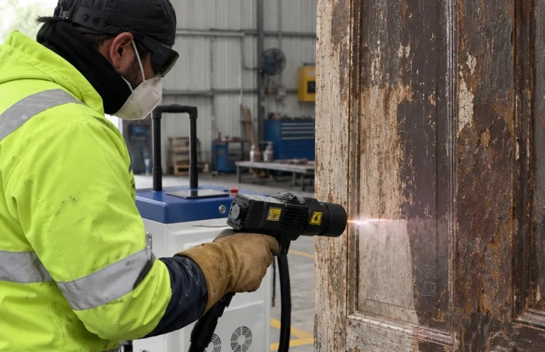 Restauración y decapado láser en portón antiguo de madera sin abrasivos - Laserklin