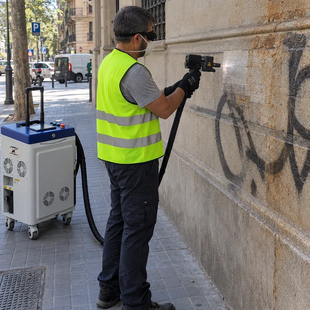 Operador realizando eliminación de grafitis con limpieza láser en fachada de edificio en Barcelona - Laserklin