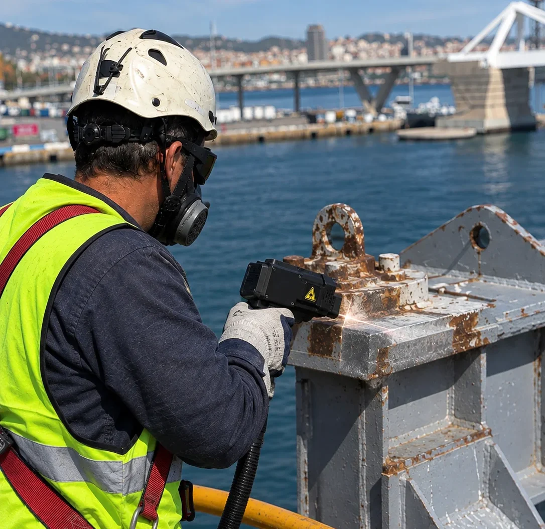 Mantenimiento anticorrosivo y limpieza láser en infraestructuras portuarias de Barcelona Texto alternativo (Alt Text): Operador realizando desoxidación de estructuras metálicas portuarias con limpieza láser en el Port de Barcelon