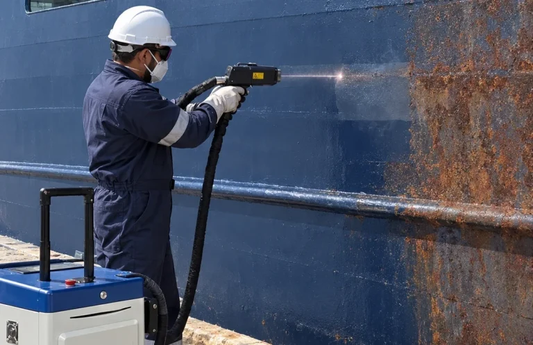 Texto alternativo (Alt Text): Eliminación de patente antifouling y corrosión en casco de barco con limpieza láser en Barcelona - Laserklin