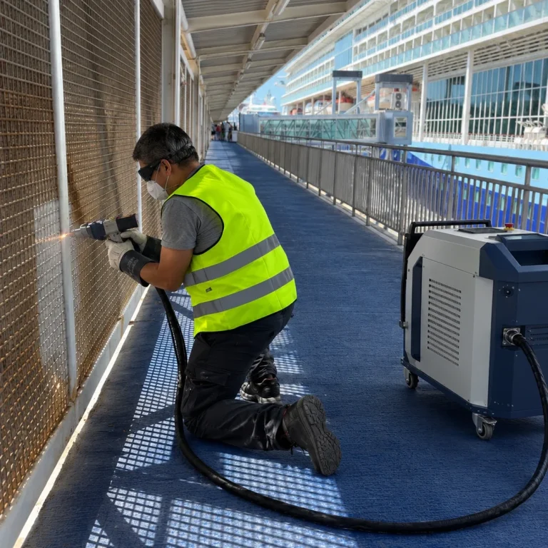 Operador realizando limpieza láser y decapado en estructura metálica de pasarela portuaria - Laserklin