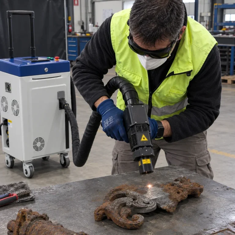 Operador realizando desoxidación de precisión con máquina láser portátil en taller - Laserklin