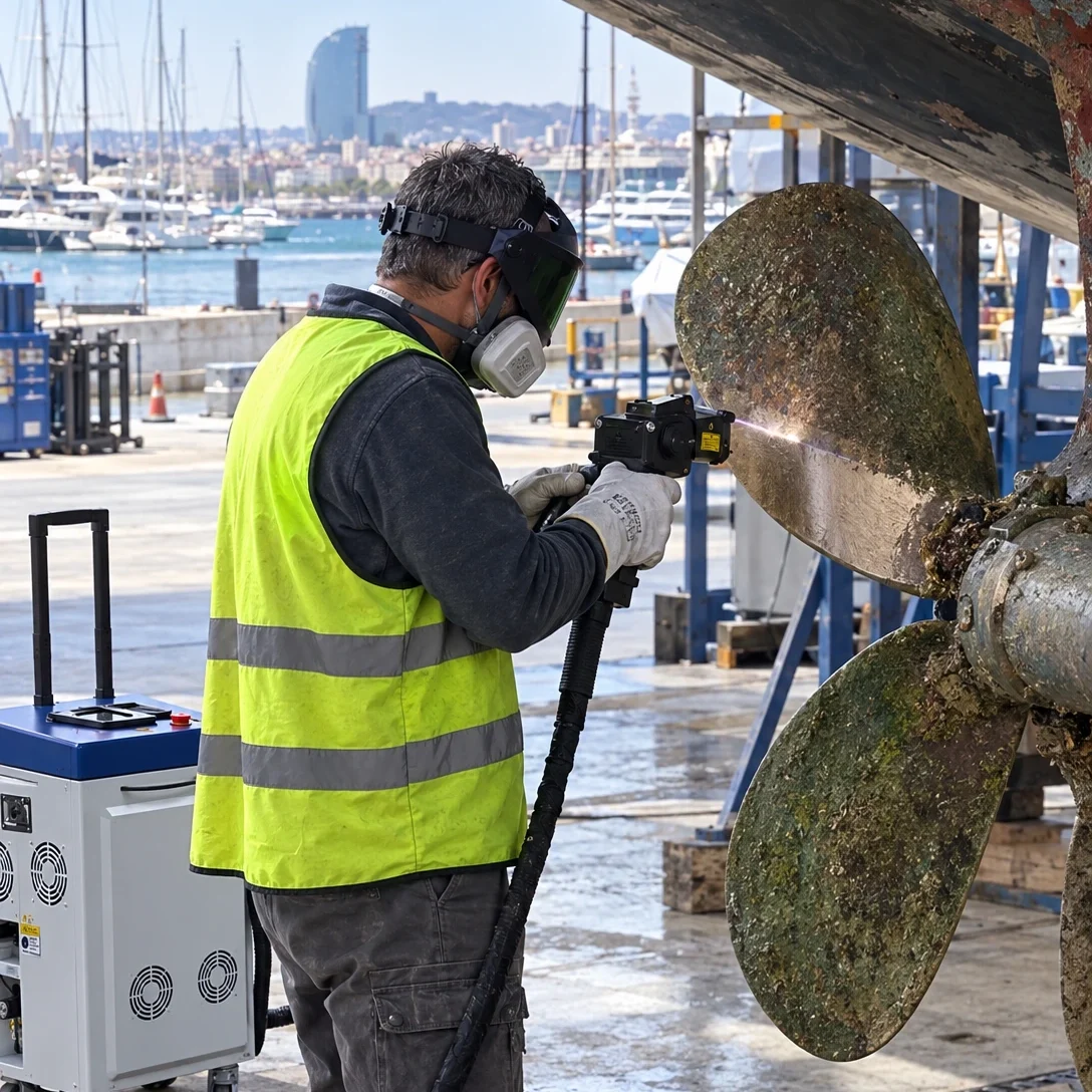 Limpieza láser de hélice de barco en puerto marítimo de Barcelona - Laserklin